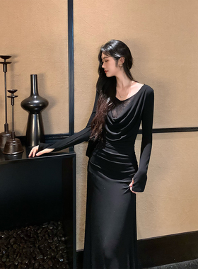 Norain不下雨 法式绝美蕾丝拼接v领长袖连衣裙女收腰显瘦修身长裙