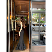 Norain不下雨步步生莲黑色气质修身 连衣裙针织鱼尾裙吊带裙礼服裙