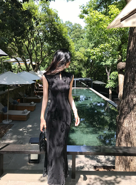 Norain不下雨夏季高级感改良新中式绝美黑色旗袍女收腰连衣裙长裙