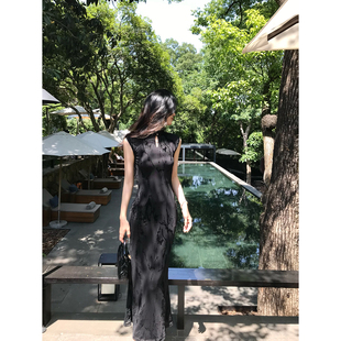 Norain不下雨夏季高级感改良新中式绝美黑色旗袍女收腰连衣裙长裙