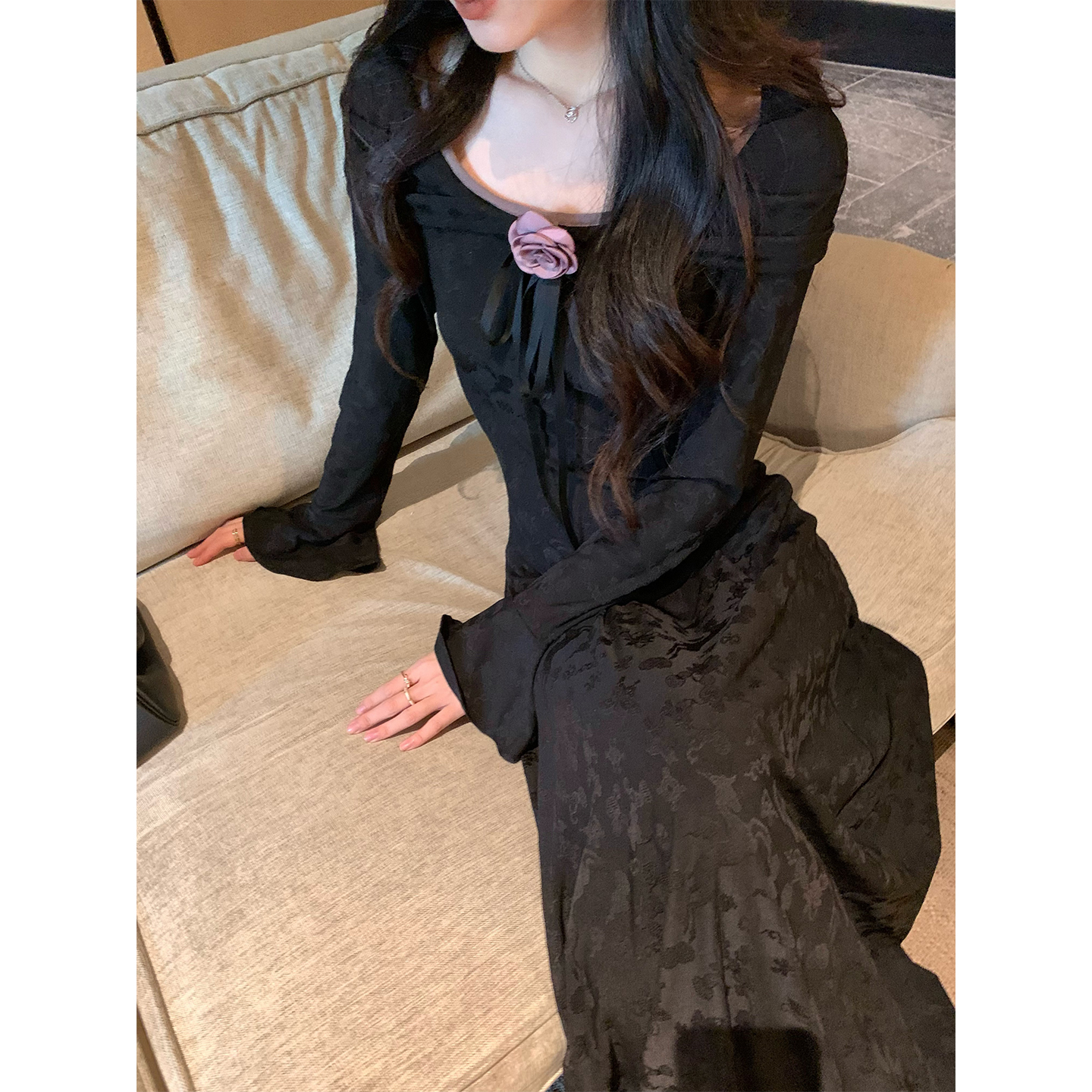 Norain不下雨黑色法式高级提花长袖连衣裙女冬季性感针织修身长裙