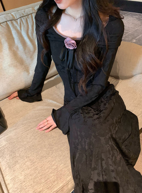 Norain不下雨黑色法式高级提花长袖连衣裙女冬季性感针织修身长裙