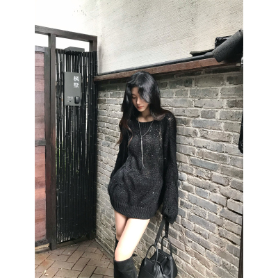 Norain不下雨 慵懒风套头斜肩亮片镂空大毛衣女圆领长袖针织上衣