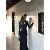 Norain不下雨新中式 绝美提花旗袍裙女秋冬气质长袖 黑色连衣裙长裙