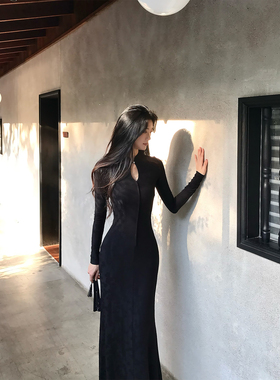 Norain不下雨新中式提花旗袍裙女秋冬新款黑色气质长袖连衣裙长裙