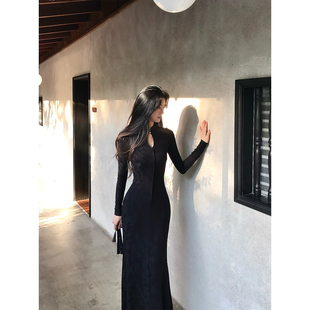 连衣裙长裙 黑色气质长袖 Norain不下雨新中式 提花旗袍裙女秋冬新款