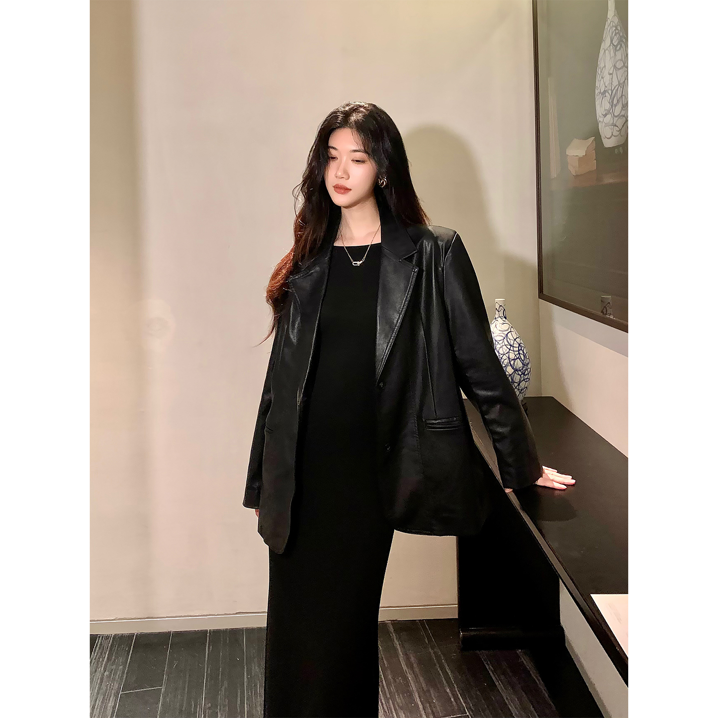 Norain不下雨 黑色PU皮翻领西装皮衣女款秋休闲气质宽松夹克外套