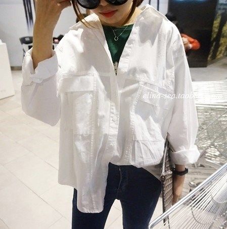 2017韩版大码宽松棉麻衬衫女学生长袖口袋男友风上衣开衫纯白春。|msdalam kategori Butik wanita / wanita, shirt - dari Buy2taobao.com untuk memberikan perkhidmatan ejen Taobao profesional membeli