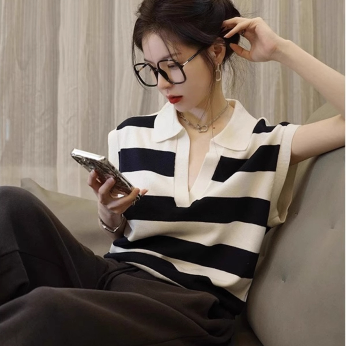 黑白条纹v领背心冰丝针织衫马甲女夏季薄款无袖坎肩POLO翻领上衣