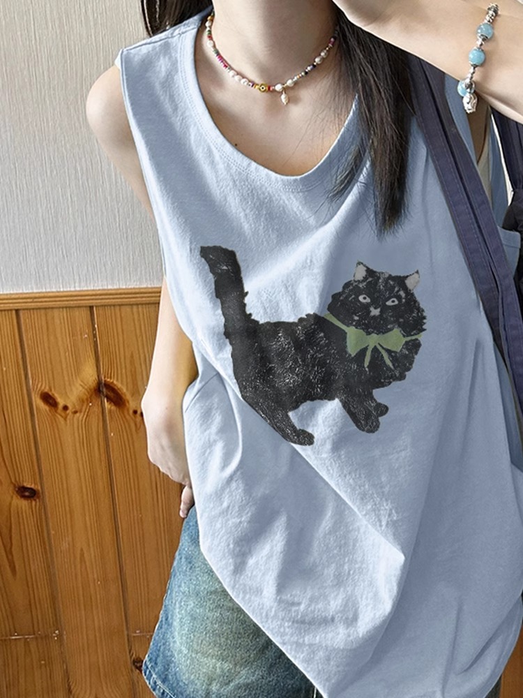 美式复古纯棉吊带背心无袖t恤女