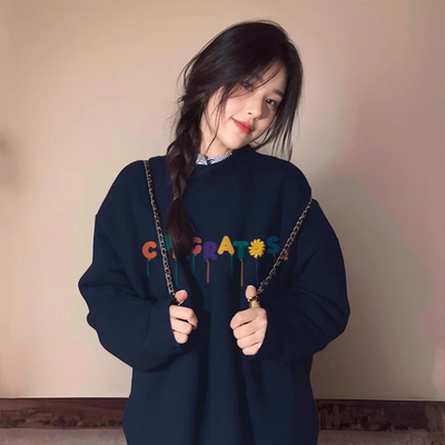 无帽圆领卫衣女秋冬季百搭小个子