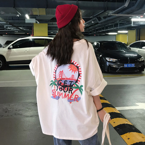 美式复古纯棉正肩短袖t恤女上衣