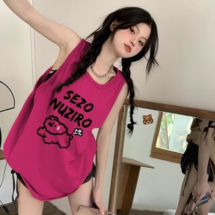 t恤女夏设计感小众外穿宽松篮球服挂脖上衣 纯棉吊带坎肩背心无袖