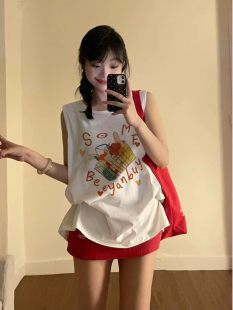 美式复古纯棉吊带运动背心无袖t恤女2024夏季外穿宽松篮球服上衣