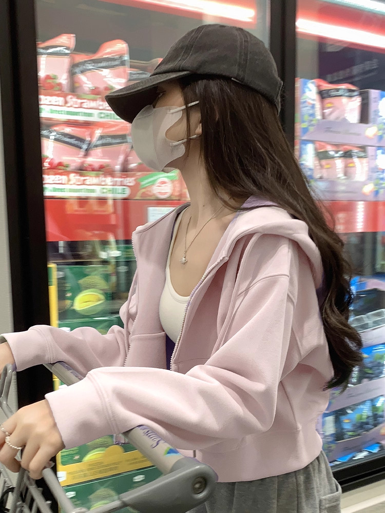 短款卫衣外套女2026新款早秋季小个子韩系慵懒风连帽开衫拉链上衣