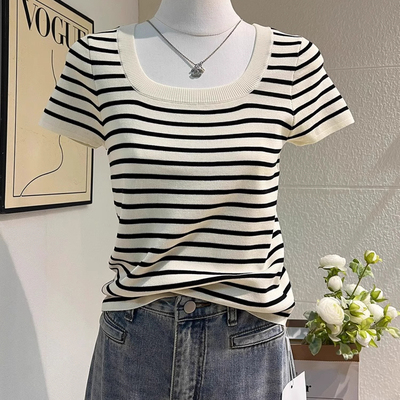 冰丝针织条纹正肩短袖T恤女夏季