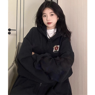 黑色外套女秋冬季小个子韩系慵懒风加绒加厚连帽卫衣开衫拉链上衣