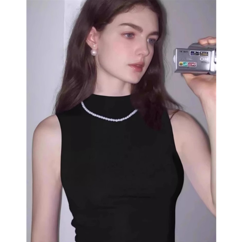 黑色半高领无袖针织背心女内搭夏