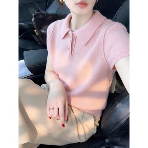 正肩polo领针织衫短袖T恤女夏季感修身独漂亮巨好看的上衣0621k
