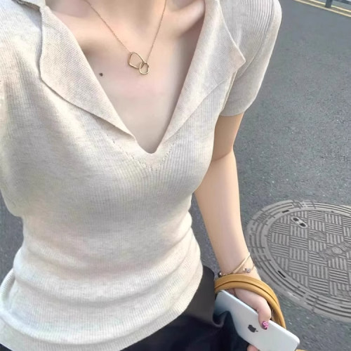 v领冰丝针织polo衫正肩短袖t恤女