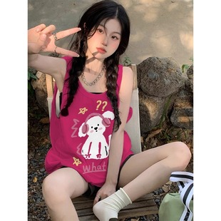 t恤女2024夏外穿美式 纯棉吊带坎肩背心无袖 复古宽松港风挂脖上衣