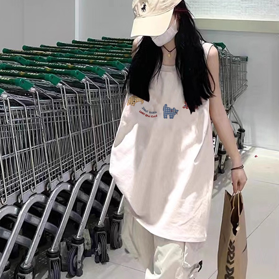 纯棉吊带背心无袖t恤女夏外穿中长款高级感慵懒风宽松篮球服上衣