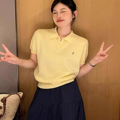 黄色polo领冰丝针织衫短袖t恤女