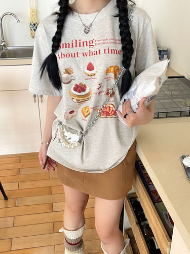 美式复古纯棉正肩短袖t恤女夏季