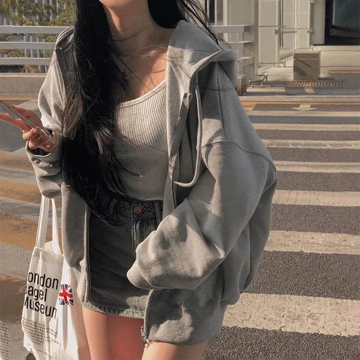 灰色卫衣外套女秋冬季小个子连帽