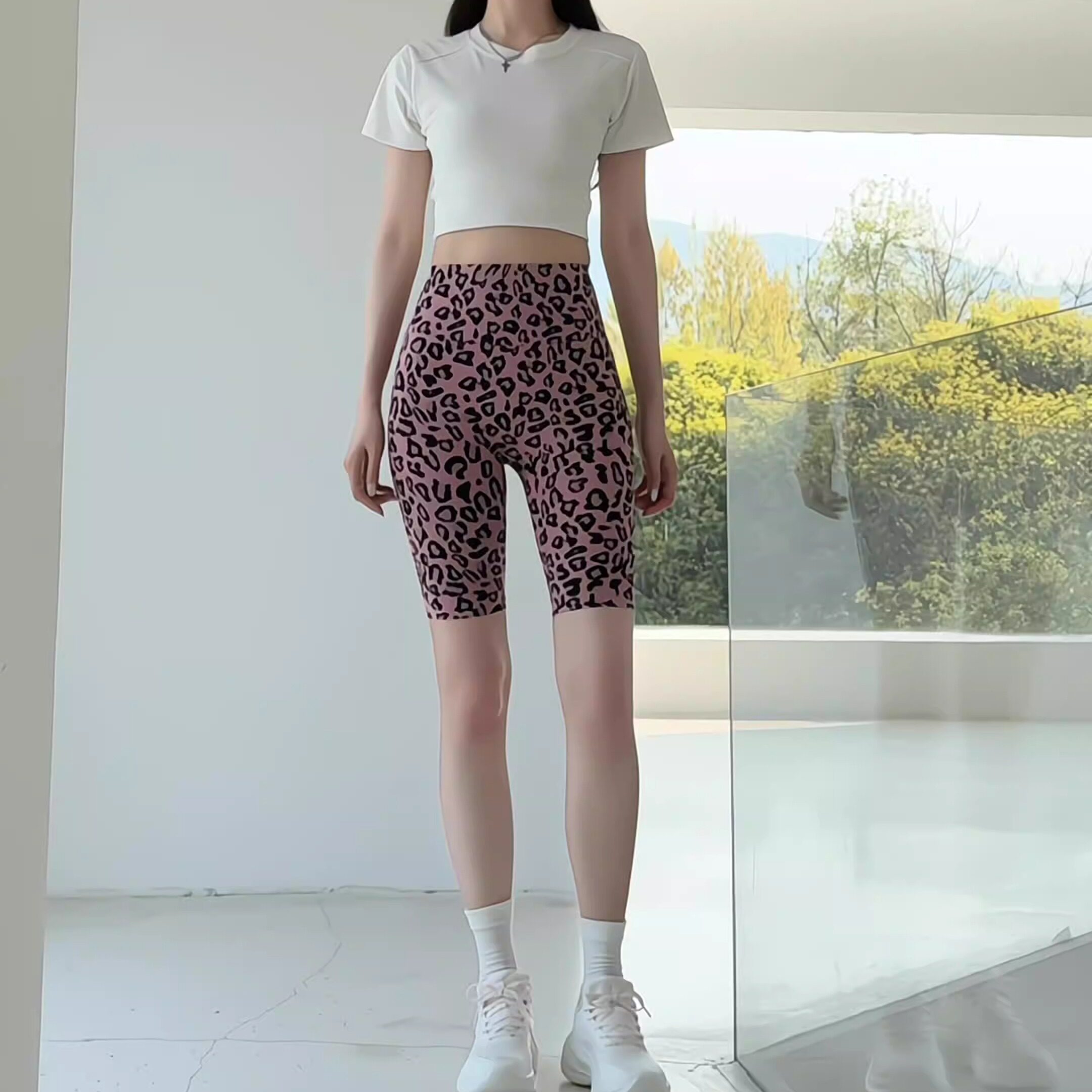 五分骑行粉色豹纹印花无尬高腰收腹瘦腿鲨鱼裤女夏季薄款健身瑜伽