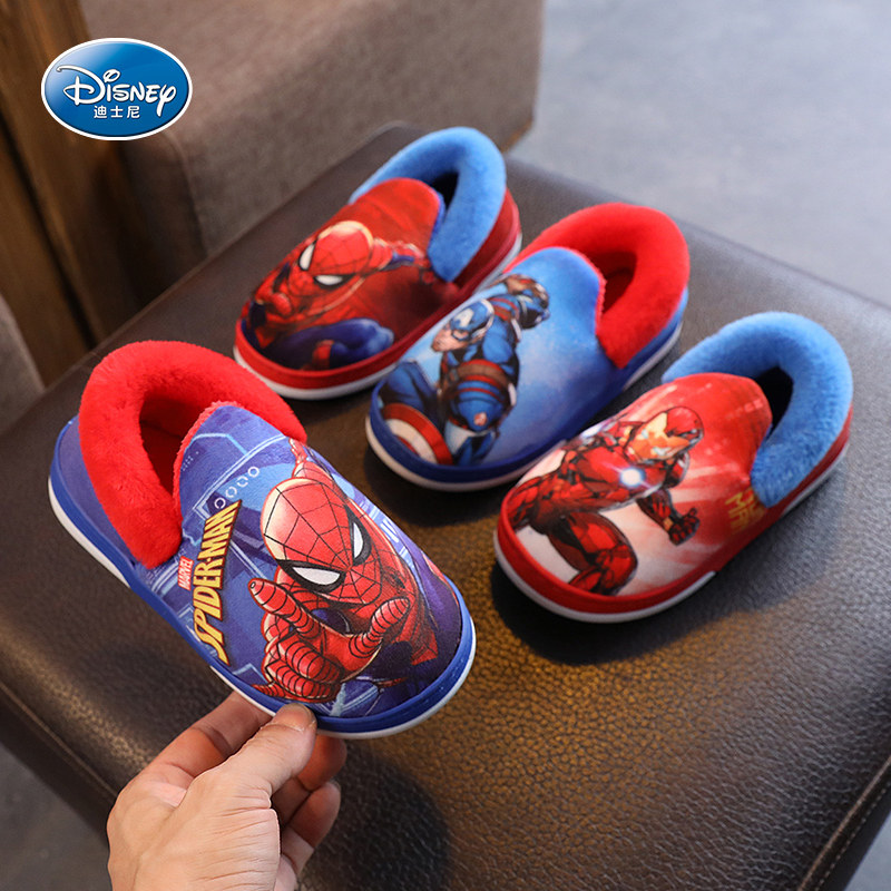 蜘蛛侠男童棉鞋宝宝棉拖鞋包跟加绒冬季毛毛鞋加厚保暖中大童拖鞋