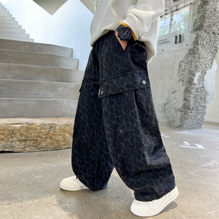 男女童韩版潮酷工装裤豹纹一体绒2025新款中大童宽松痞帅阔腿裤潮