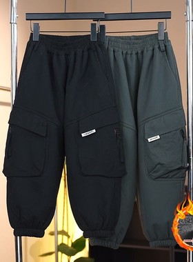 【一条过冬】2025男大童加厚纯棉一体葵花绒韩系风宽松束脚工装裤