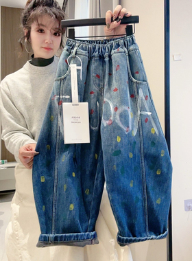 【加绒 不加绒】手绘涂鸦男童加绒裤子儿童牛仔裤秋冬男孩弯刀裤