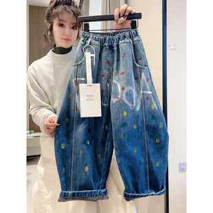 手绘涂鸦男童加绒裤子一体绒儿童牛仔裤秋冬季2025新款男孩弯刀裤