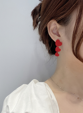 少奶奶 爱心耳环2020年新款潮红色耳钉气质甜美流苏长款烤漆耳饰