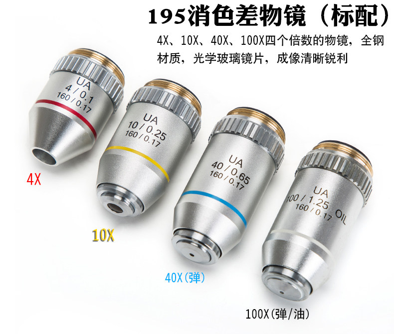 显微镜专用物镜金属材质专业195消色差物镜4倍10倍40倍100倍油镜