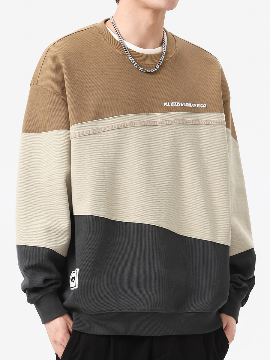 拼接美式加绒套头卫衣