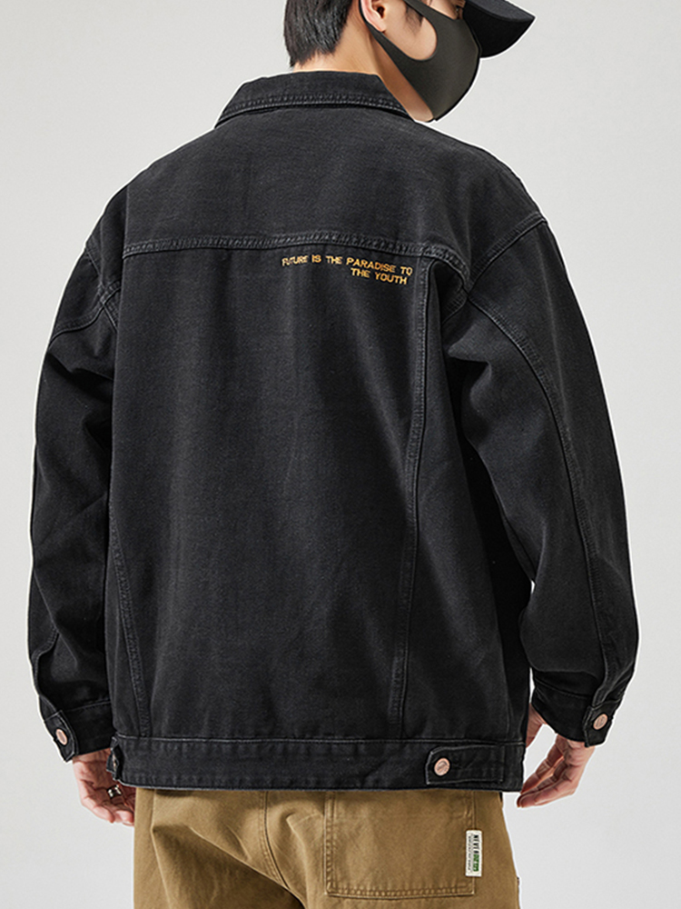 日系潮流牛仔外套男春季潮牌黑色宽松胖子大码工装夹克高级感男装