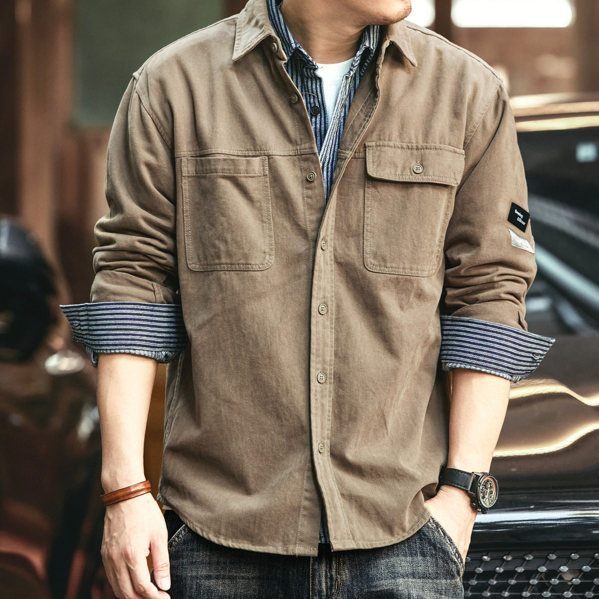 美式复古重磅工装夹克外套男春秋潮牌长袖衬衣宽松猎装痞帅衬衫男