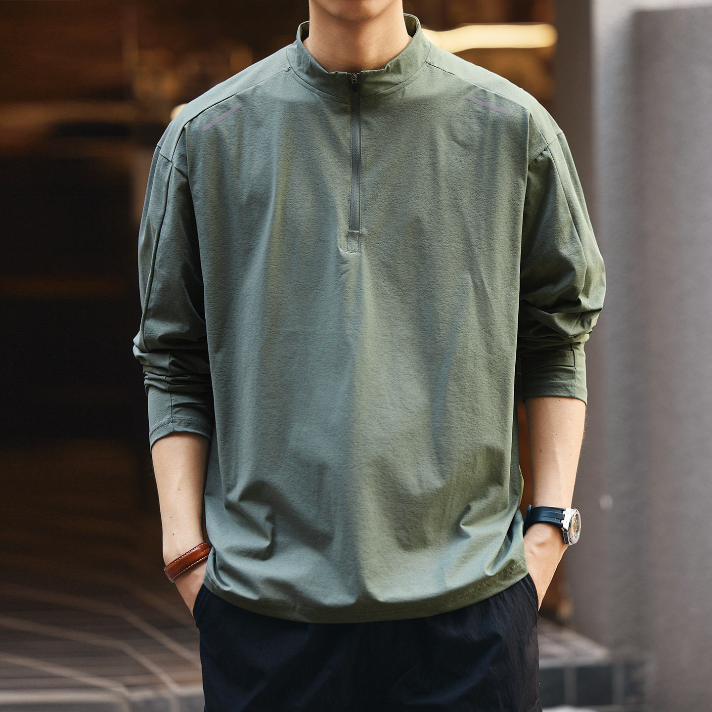 格蓝鹿美式户外骑行半高领拉链长袖T恤男春秋新款徒步速干打底衫