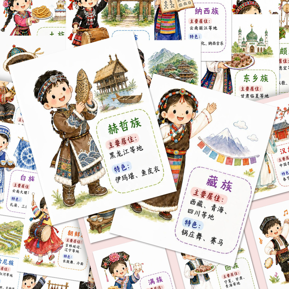 56个民族图鉴贴纸】幼儿爱国启蒙认识民族服饰文化素材可粘贴