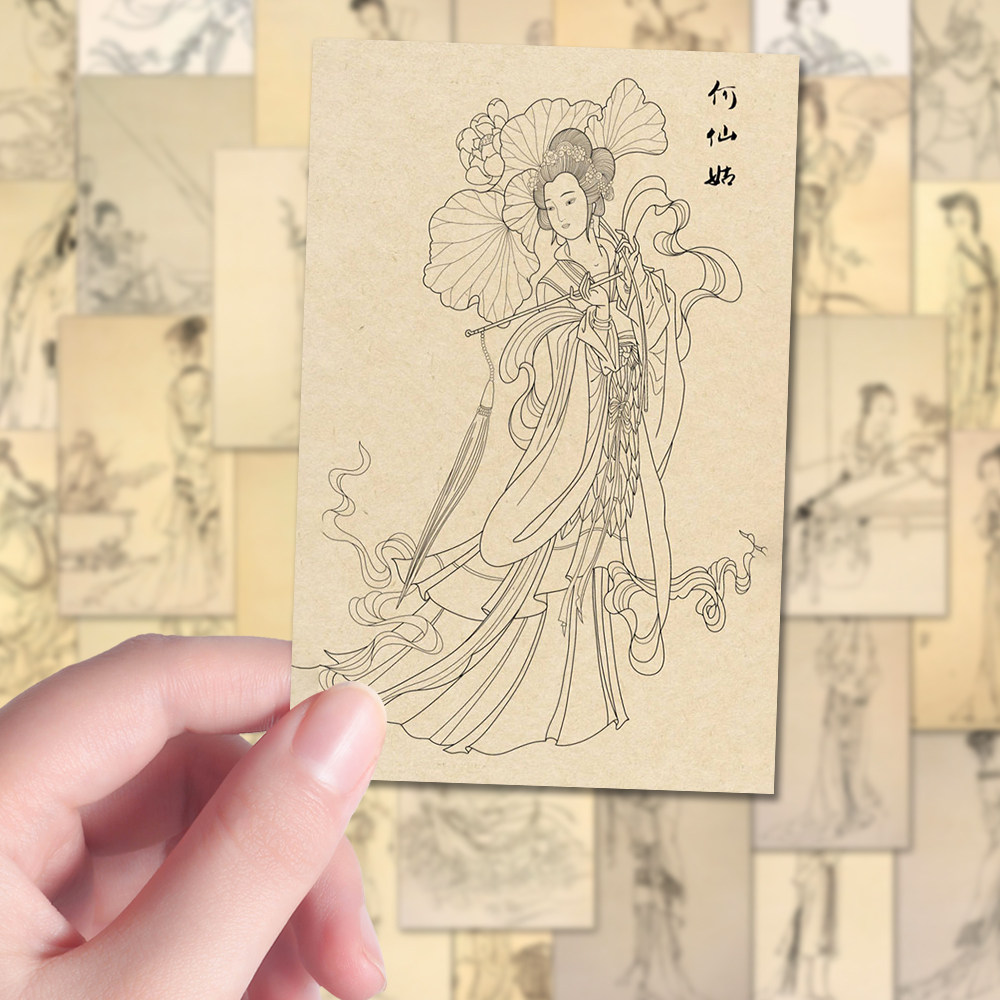 144张国风白描工笔线稿贴纸国画工笔画白描人物线稿素材白描练习