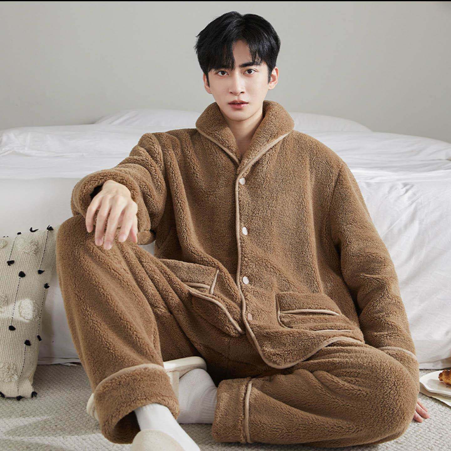 宏嫩优选好物睡衣男秋冬款法兰绒加厚加绒保暖翻领开衫家居服套装