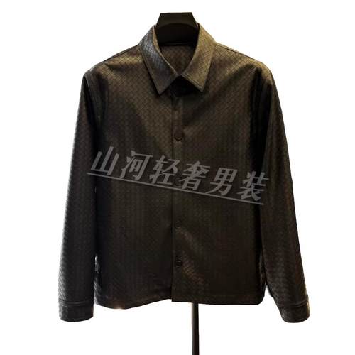 山河轻奢男装左咖商务休闲翻领皮衣手工编织夹克男士短款修身外套