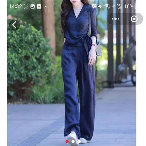 万帆女装2024夏季新款透气亚麻V领上衣阔腿直筒裤显休闲瘦两件套