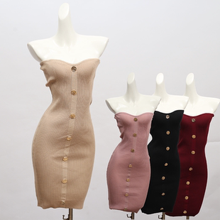 外贸元 显瘦裹胸包臀打底短裙 单性感洋气抹胸纽扣针织连衣裙女修身