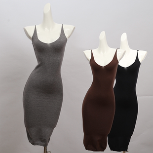 性感辣妹双U领细细吊带针织连衣裙紧身显身材女春秋季 打底包臀裙