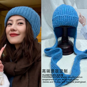高圆圆同款 蓝色帽子围巾一体护耳保暖针织帽包头帽2026新款 氛围感