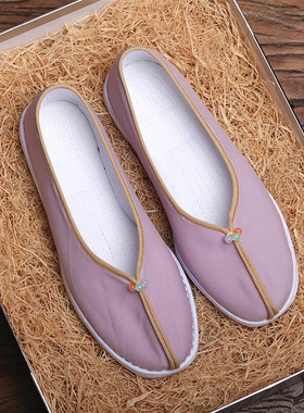 纯手工千层底布鞋女春夏缎面新中式汉服女鞋紫色透气软底布鞋古风